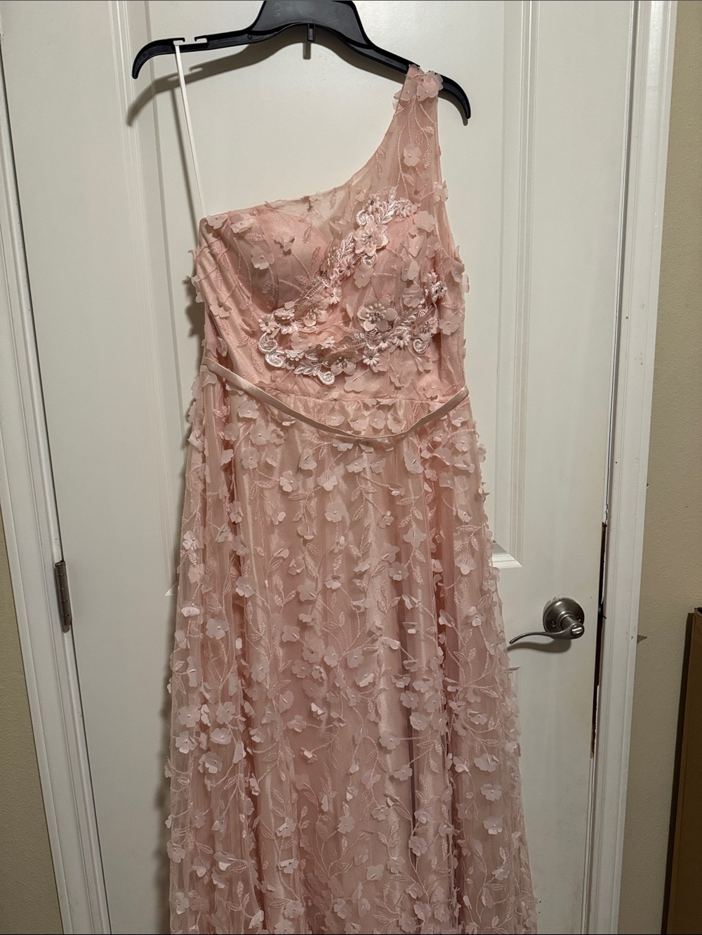 One-Shoulder Pink Floral Applique Evening Dress